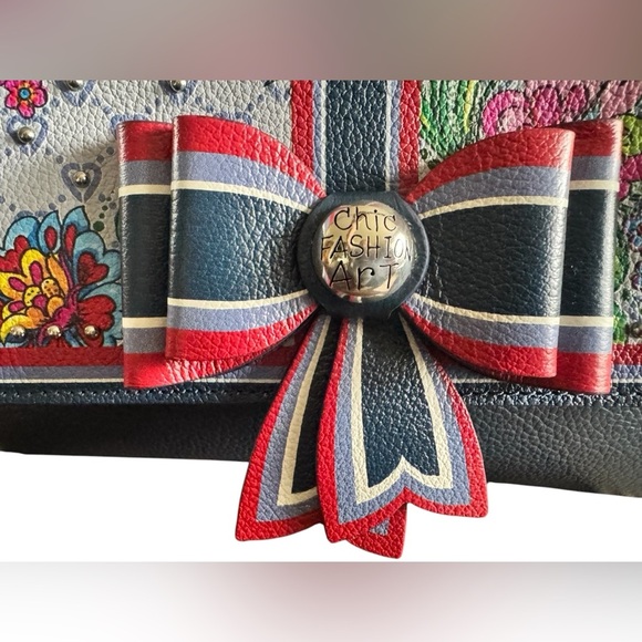 Brighton FASHION LUX BAGUETTE Navy Floral Leather Bow Handbag W/ Studs - Picture 12 of 15